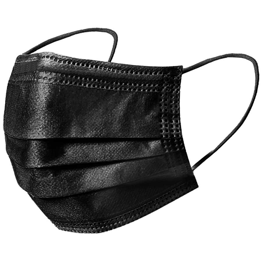 Black disposable earloop exam mask.