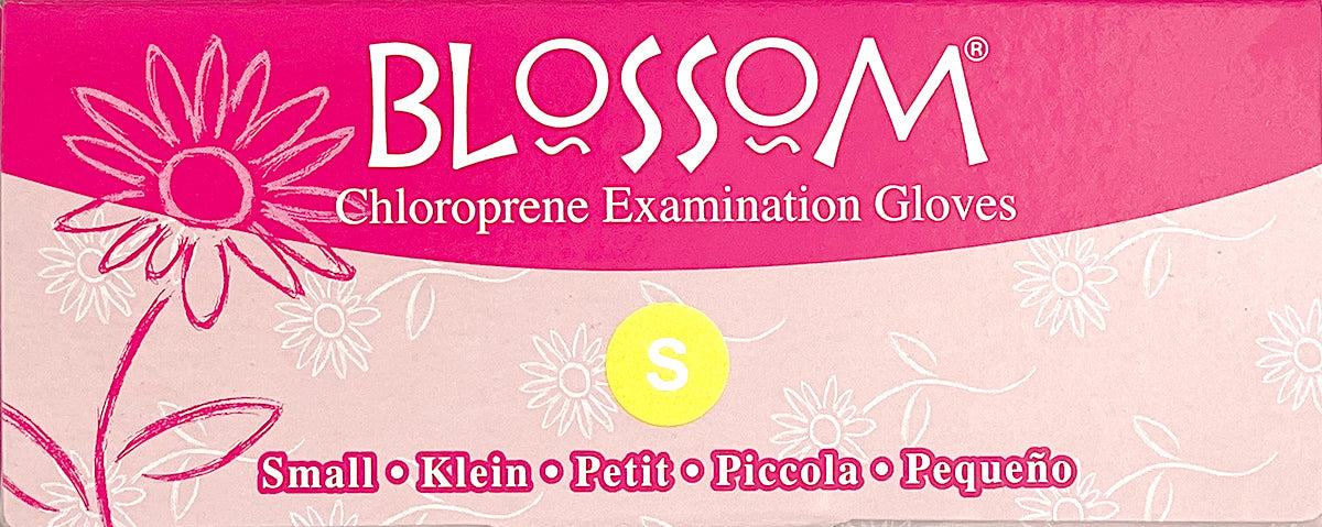 Blossome Chloroprene Pink Exam Gloves | Side of Box