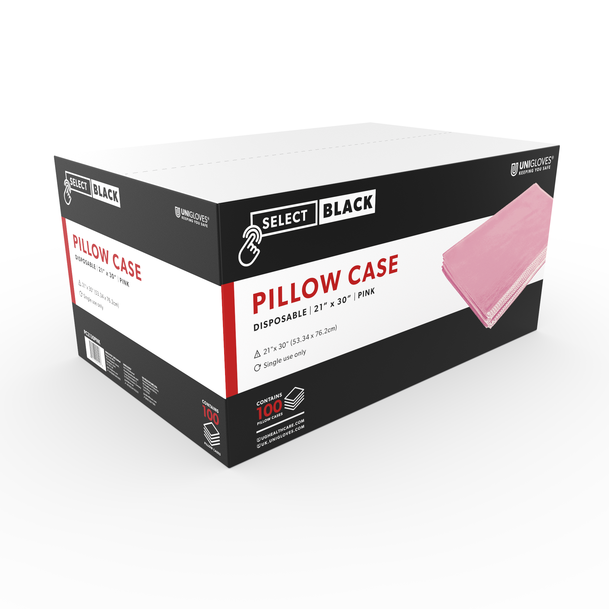 Case of disposable pink pillow cases.