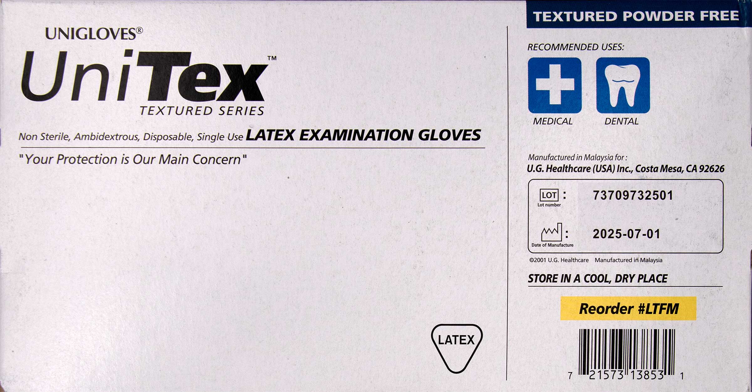 Unitex Latex Exam Gloves Powder Free | Back of Box