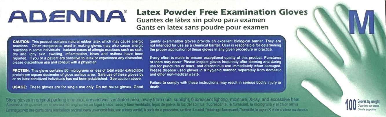 Adenna Latex Powder Free Examination Gloves | Caution, Protein, Usage