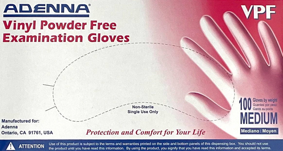 Adenna Vinyl Powder Free Examiniation Gloves | Top of Box