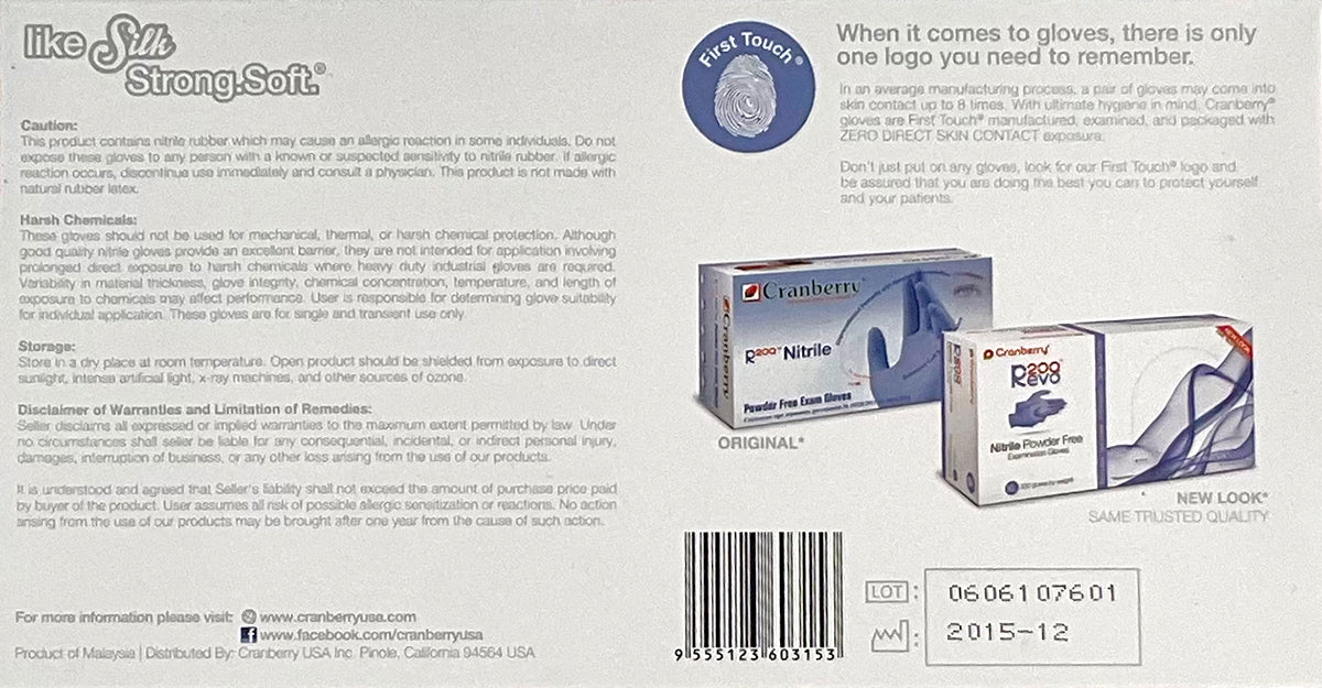 Cranberry Revo 200 Nitrile Powder Free Exam Gloves | Caution, Harsh Chemicals Guidance, Storage