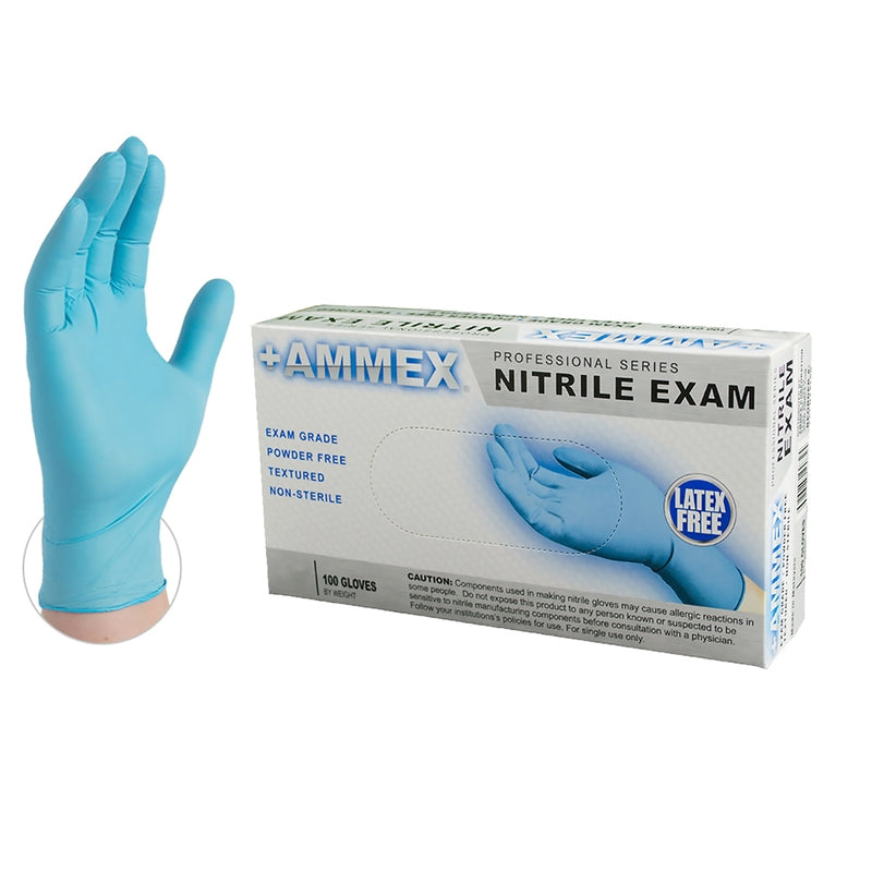 AMMEX blue nitrile gloves on hand