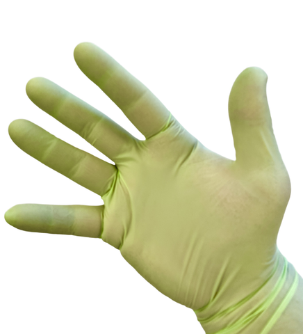 Blossom Avocado Green Exam Gloves on a hand